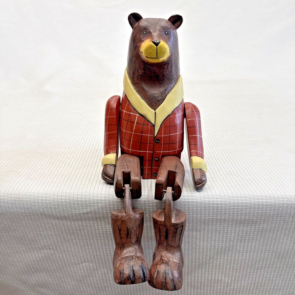 Vintage 1998 Disney Chunky Folk Art Carved Wood Bear Jointed Shelf Sitter